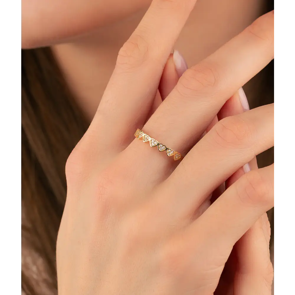 14K Solid Gold Multiple Heart CZ Stoned Ring - Rings