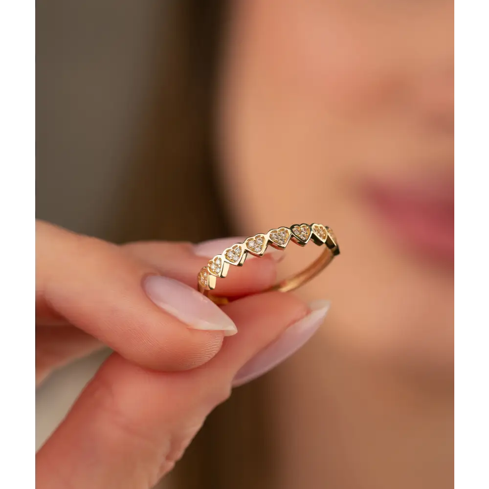 14K Solid Gold Multiple Heart CZ Stoned Ring - Rings