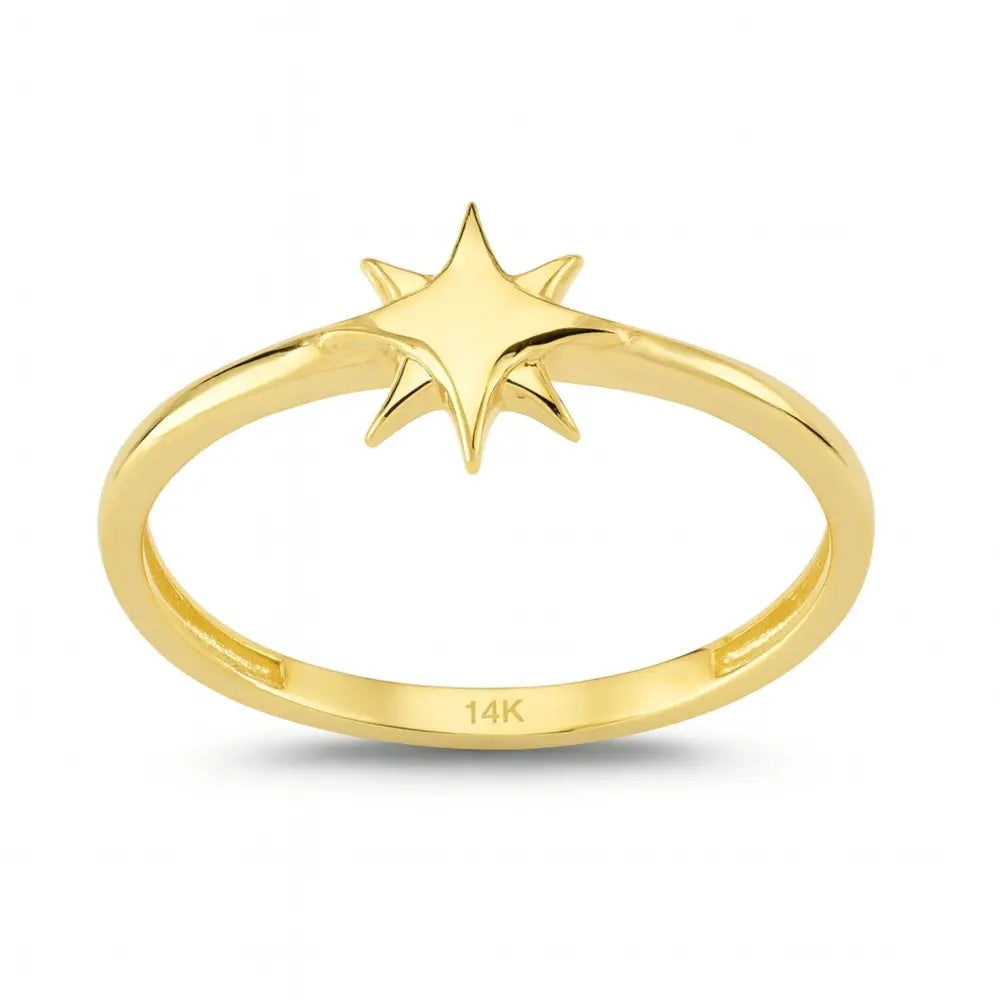 14K Solid Gold North Star Ring Celestial Starburst Design - Rings