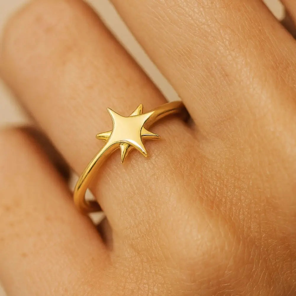 14K Solid Gold North Star Ring Celestial Starburst Design - Rings