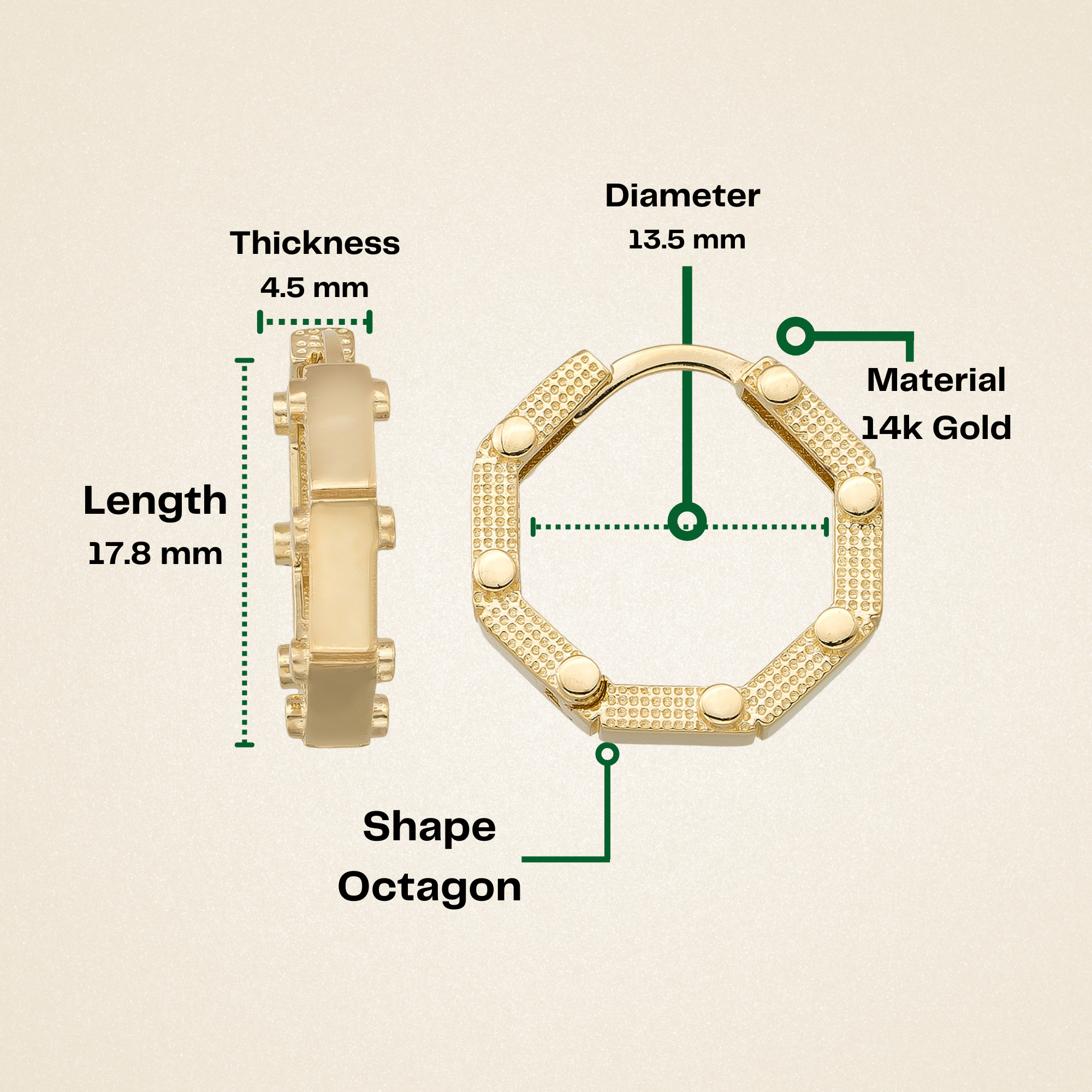 14K Solid Gold Octagon Hoop Earrings | 17.8mm Thick Huggie Hoops for Women - Hoop Earrings