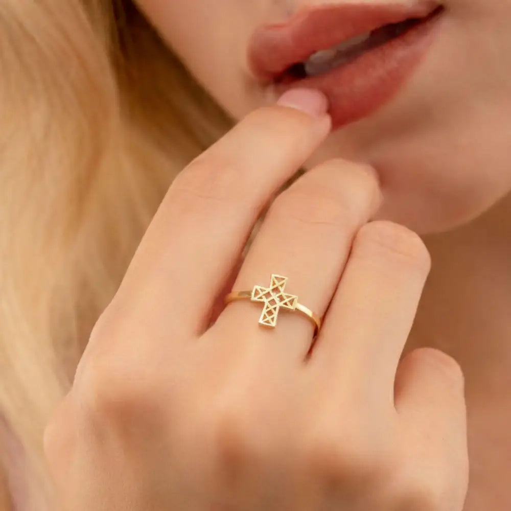 14K Solid Gold Open Cross Ring Minimalist Religious Jewelry