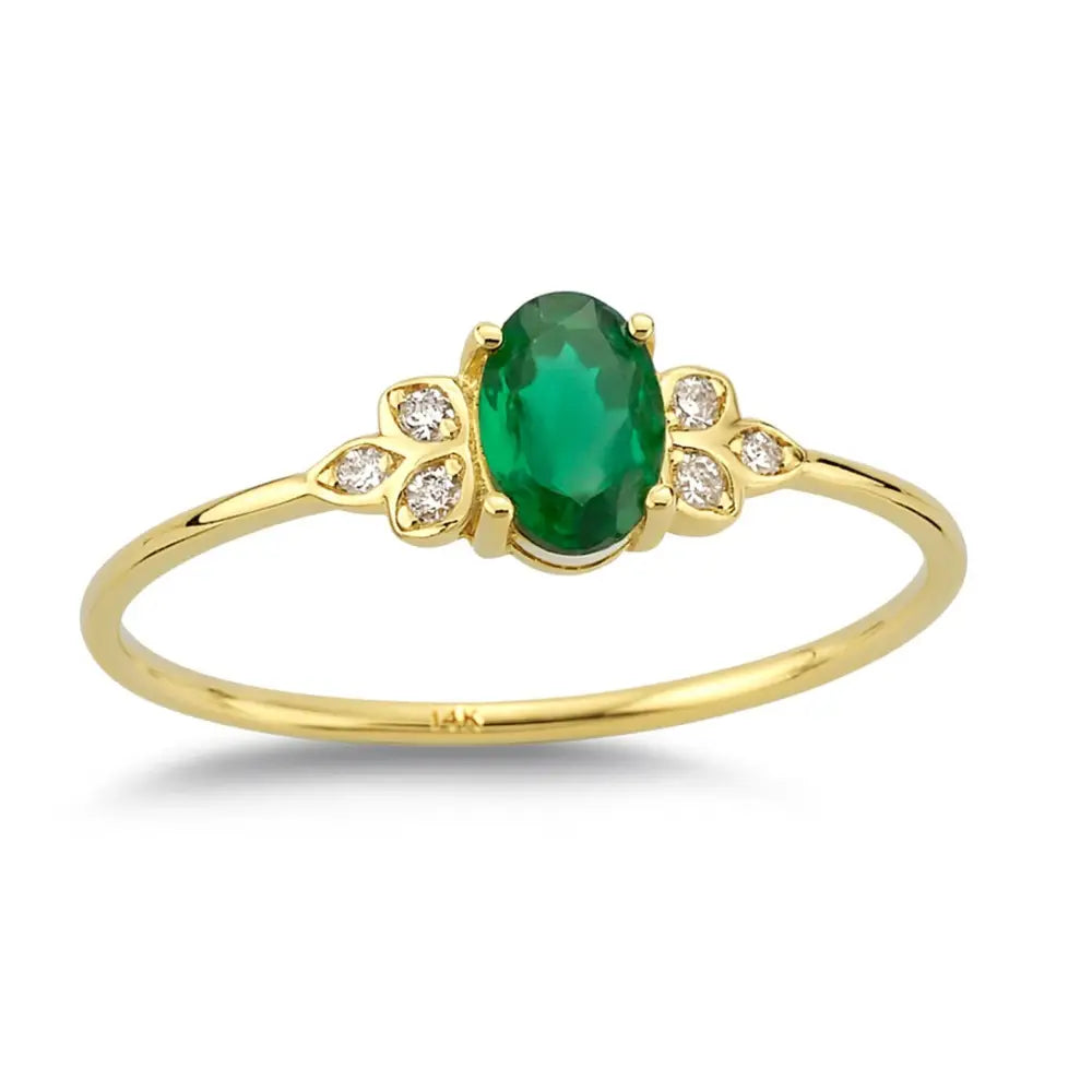 14K Solid Gold Oval Emerald Engagement Ring with Simulated Diamond Accents