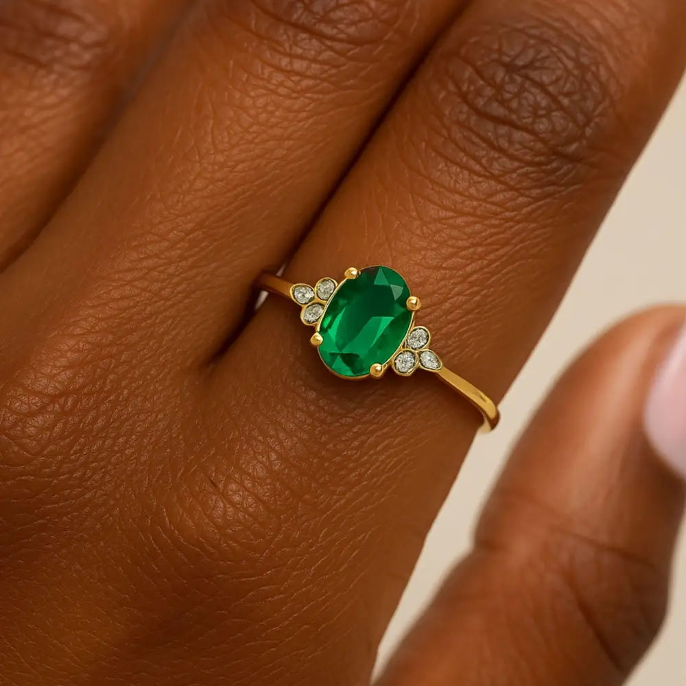 14K Solid Gold Oval Emerald Engagement Ring with Simulated Diamond Accents