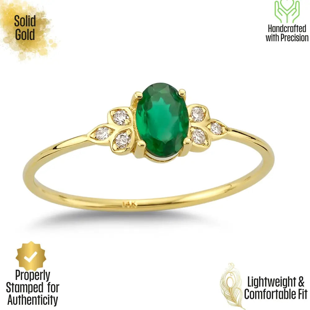 14K Solid Gold Oval Emerald Engagement Ring with Simulated Diamond Accents