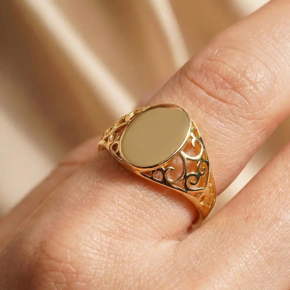 14K Solid Gold Oval Signet Ring Filigree Detail Minimal Classic Jewelry for Women