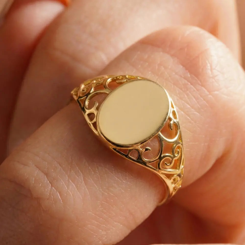 14K Solid Gold Oval Signet Ring Filigree Detail Minimal Classic Jewelry for Women