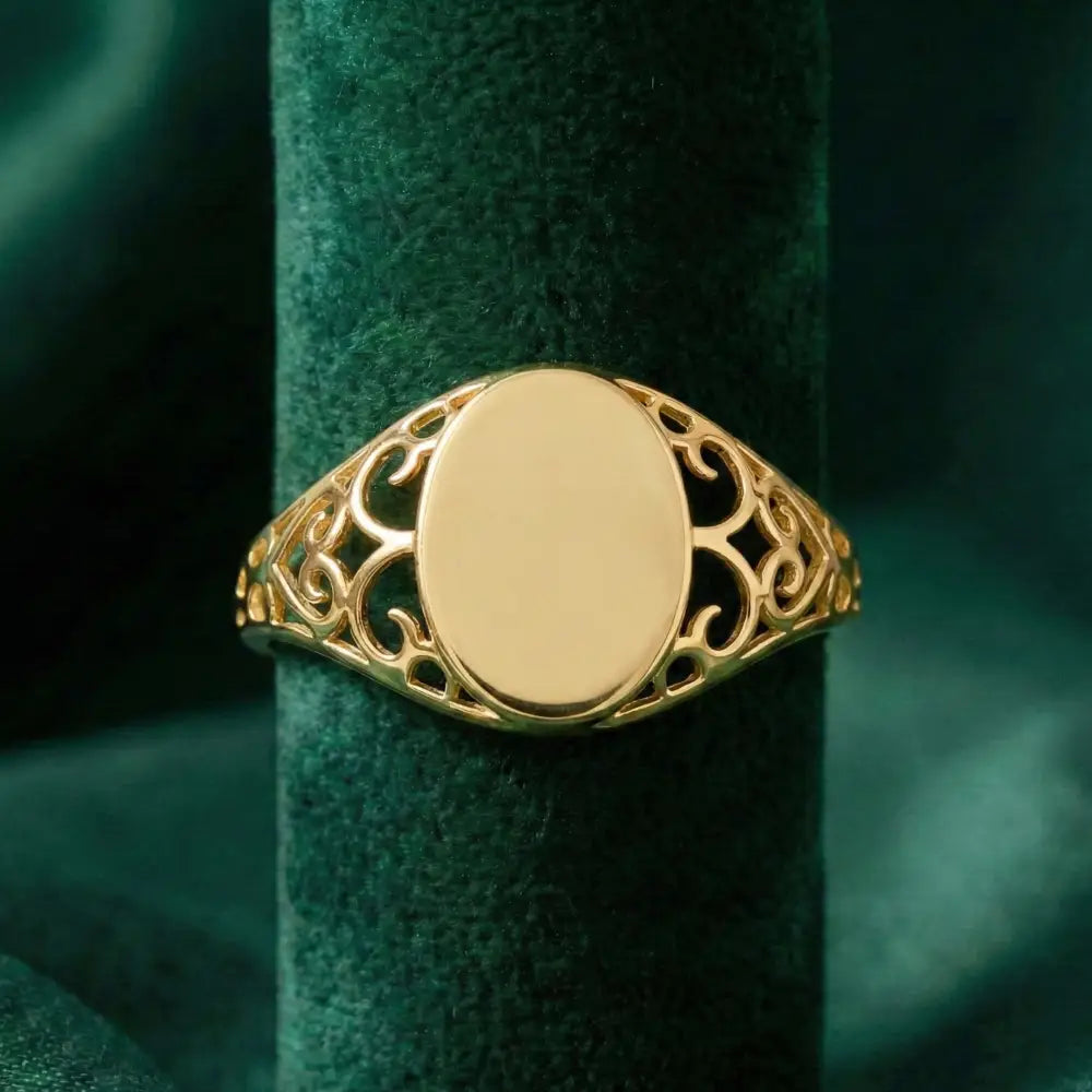 14K Solid Gold Oval Signet Ring Filigree Detail Minimal Classic Jewelry for Women