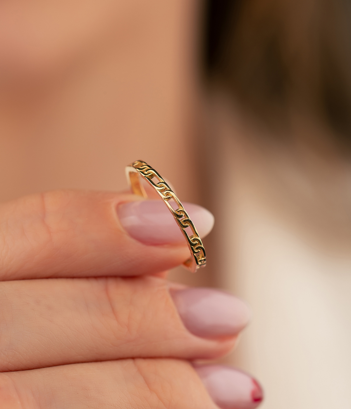 14K Solid Gold Paper Clip Link Bangle Ring - Rings