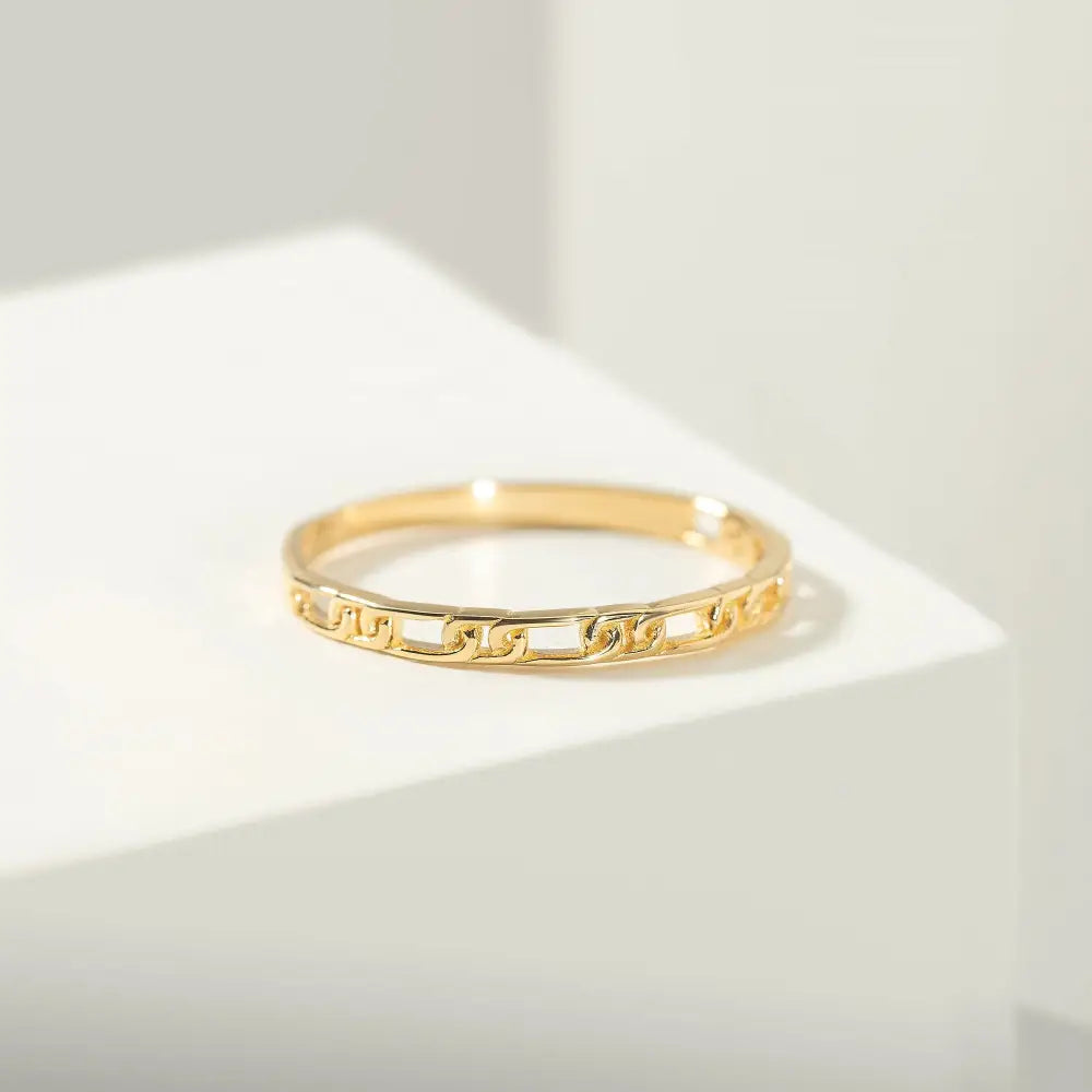 14K Solid Gold Paper Clip Link Bangle Ring - Rings