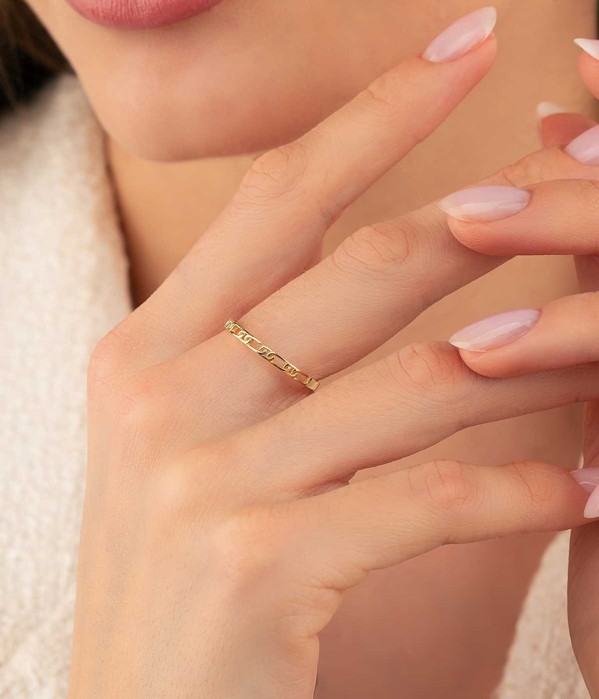 14K Solid Gold Paper Clip Link Bangle Ring - Rings