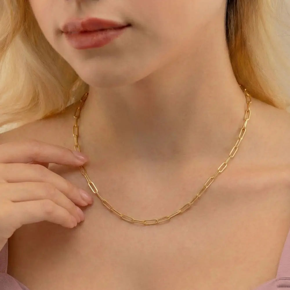 14K Solid Gold Paperclip Chain Necklace 1.9mm 2.2mm 3.4mm 16 18 20 Inch Trendy Rectangle Link Minimalist Jewelry Gift