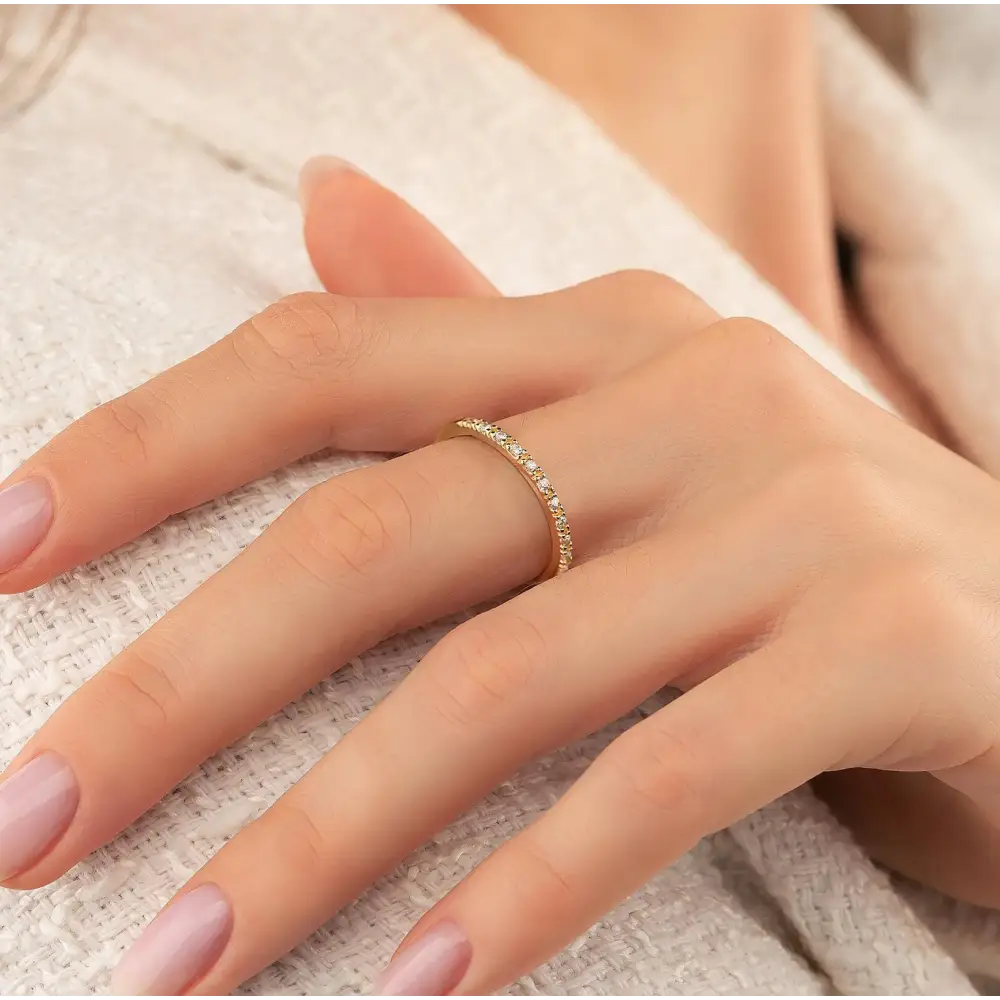 14K Solid Gold Pave Wedding Band with Simulated Diamonds Dainty CZ Ring