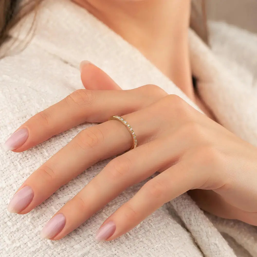 14K Solid Gold Pave Wedding Band with Simulated Diamonds Dainty CZ Ring