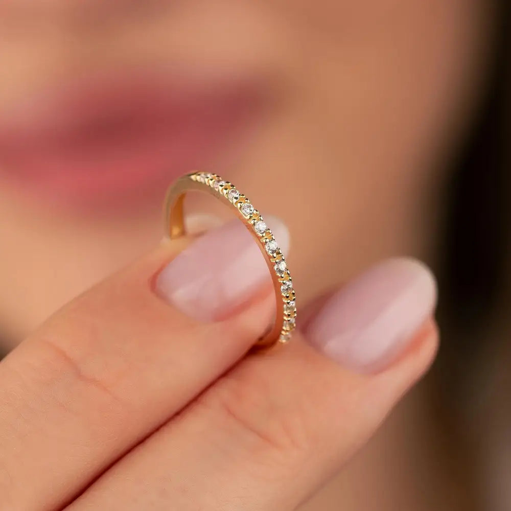 14K Solid Gold Pave Wedding Band with Simulated Diamonds Dainty CZ Ring