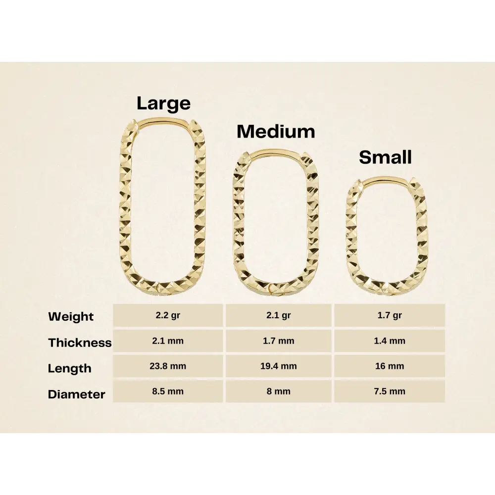 14K Solid Gold Rectangle Huggie Earrings – Tiny Diamond-Cut Oval Hoops (16mm 19mm 24mm) - Hoop Earrings