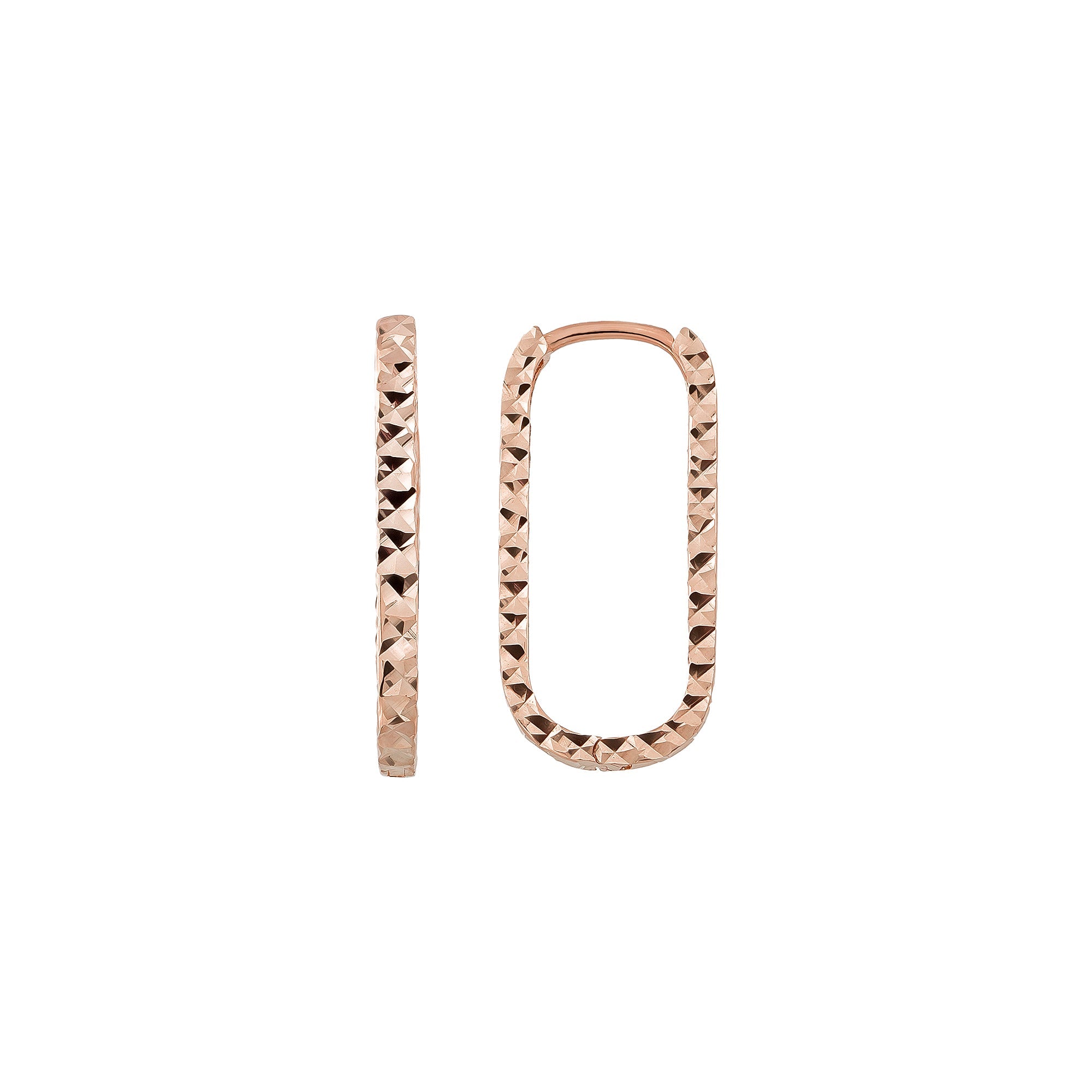 14K Solid Gold Rectangle Huggie Earrings – Tiny Diamond-Cut Oval Hoops (16mm 19mm 24mm) - Single Small / 14K Rose Gold