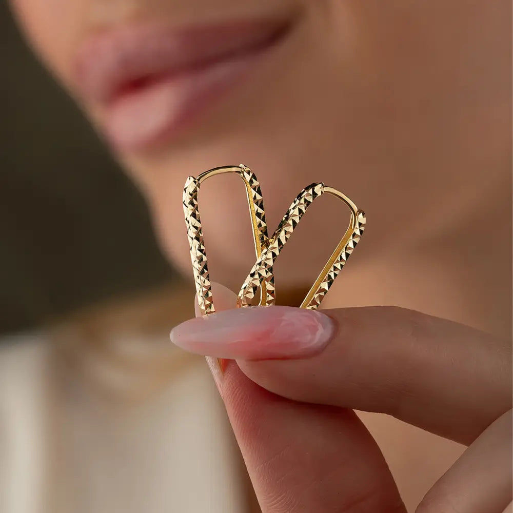 14K Solid Gold Rectangle Huggie Earrings – Tiny Diamond-Cut Oval Hoops (16mm 19mm 24mm) - Hoop Earrings