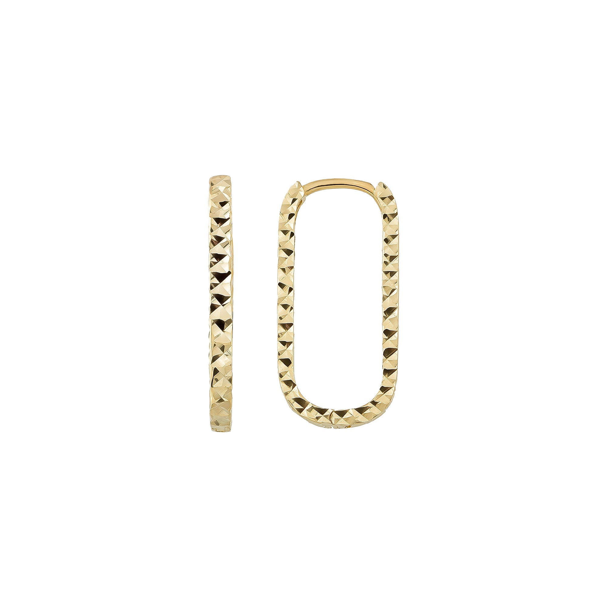 14K Solid Gold Rectangle Huggie Earrings – Tiny Diamond-Cut Oval Hoops (16mm 19mm 24mm) - Single Small / 14K Yellow