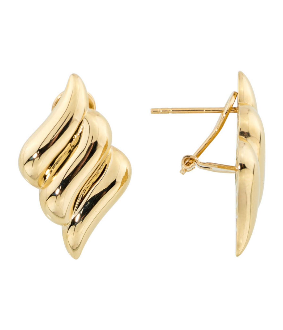 14K Solid Gold Ribbed Hinged Omega Back Earrings - Earrings