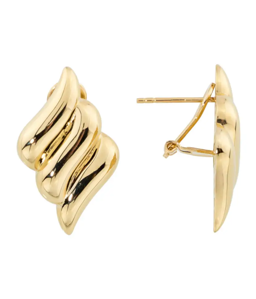 14K Solid Gold Ribbed Hinged Omega Back Earrings - Earrings