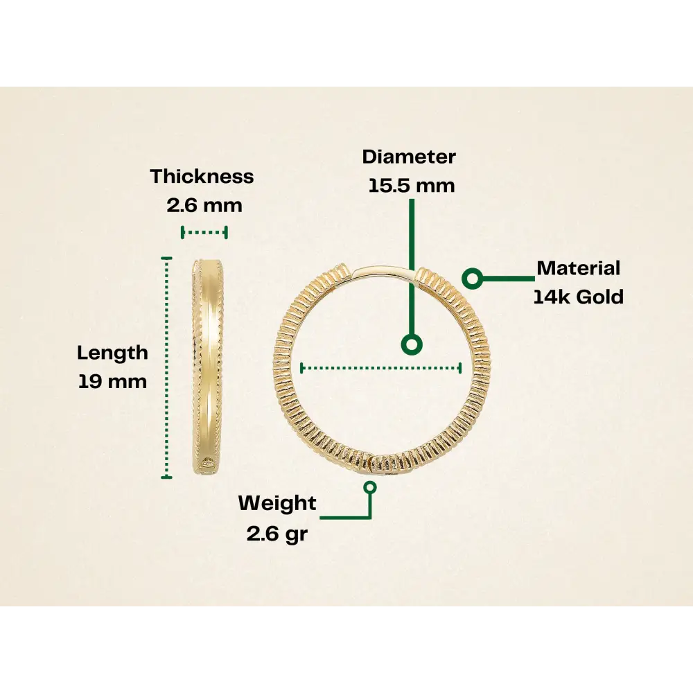 14K Solid Gold Ribbed Huggie Hoop Earrings | 19mm Everyday Hoops for Women - Hoop Earrings