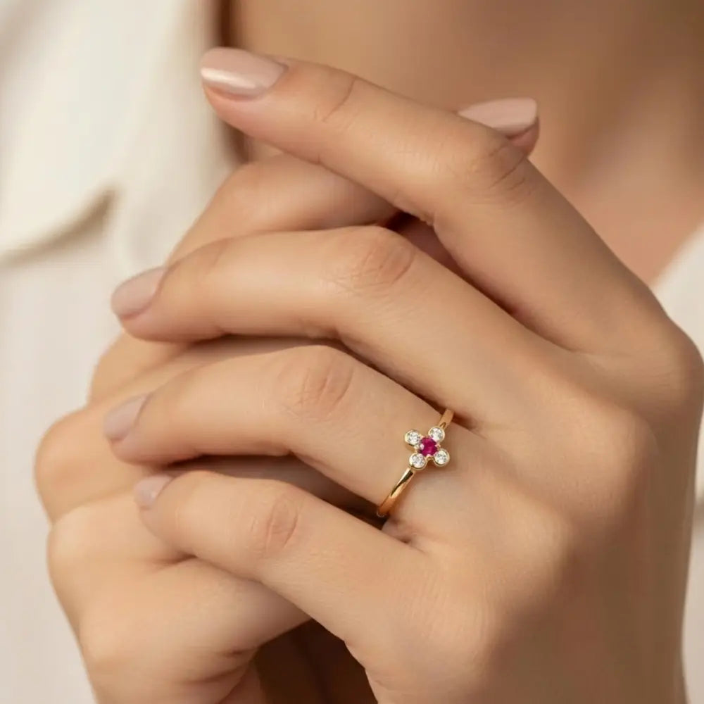 14K Solid Gold Ring Ruby & CZ Stones Cross Design Elegant Handmade Jewelry