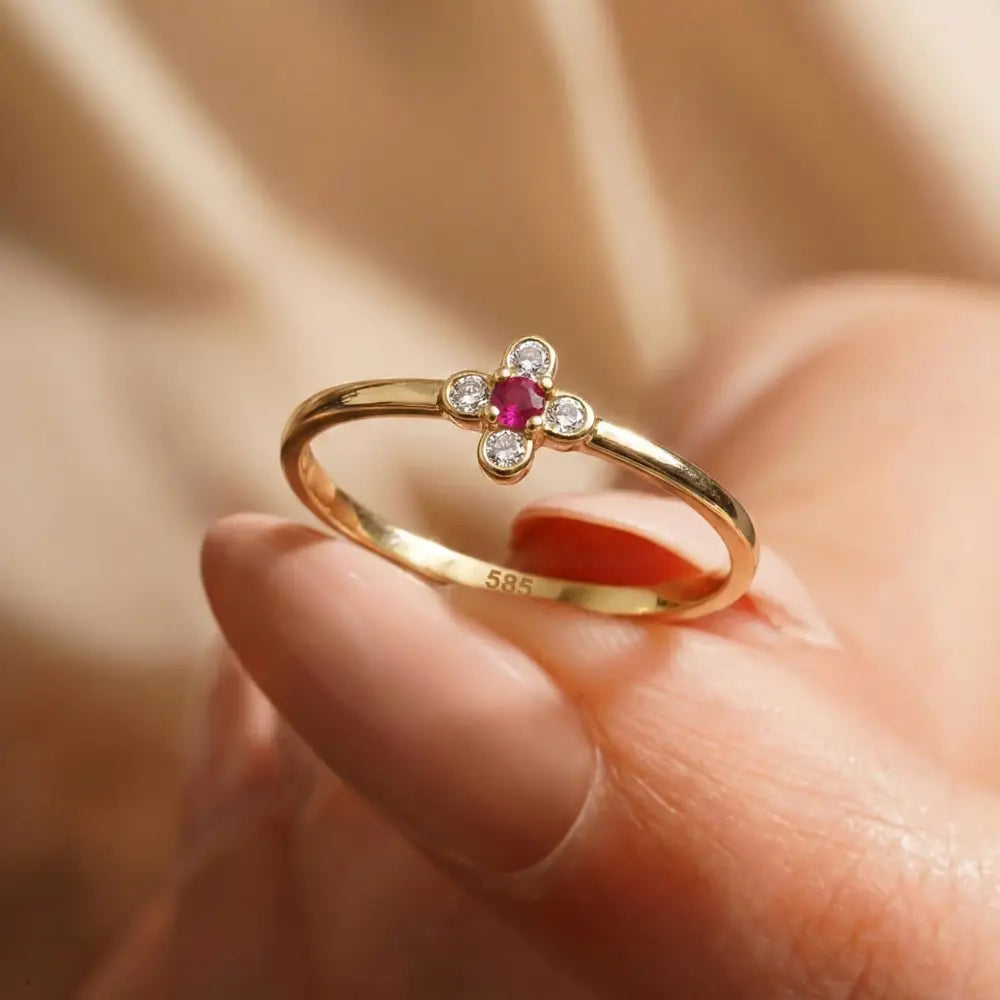 14K Solid Gold Ring Ruby & CZ Stones Cross Design Elegant Handmade Jewelry