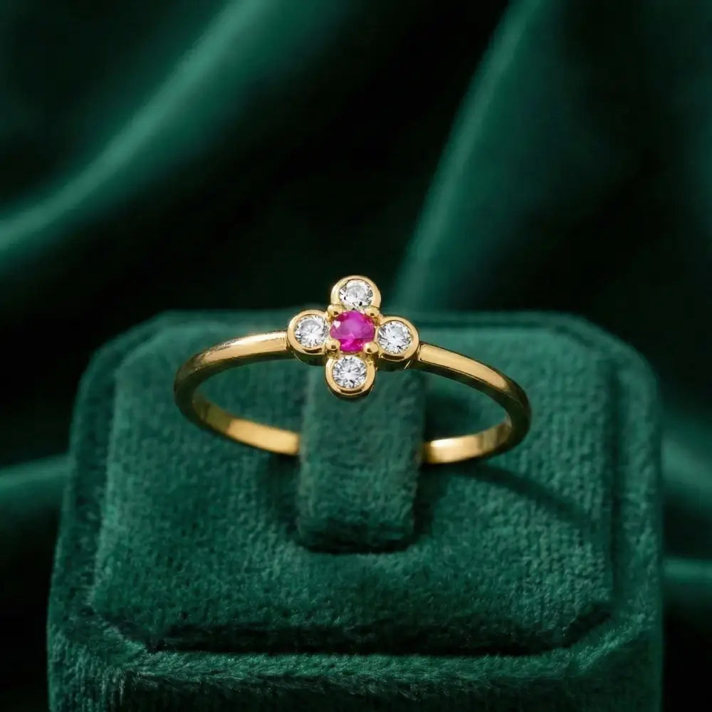 14K Solid Gold Ring Ruby & CZ Stones Cross Design Elegant Handmade Jewelry