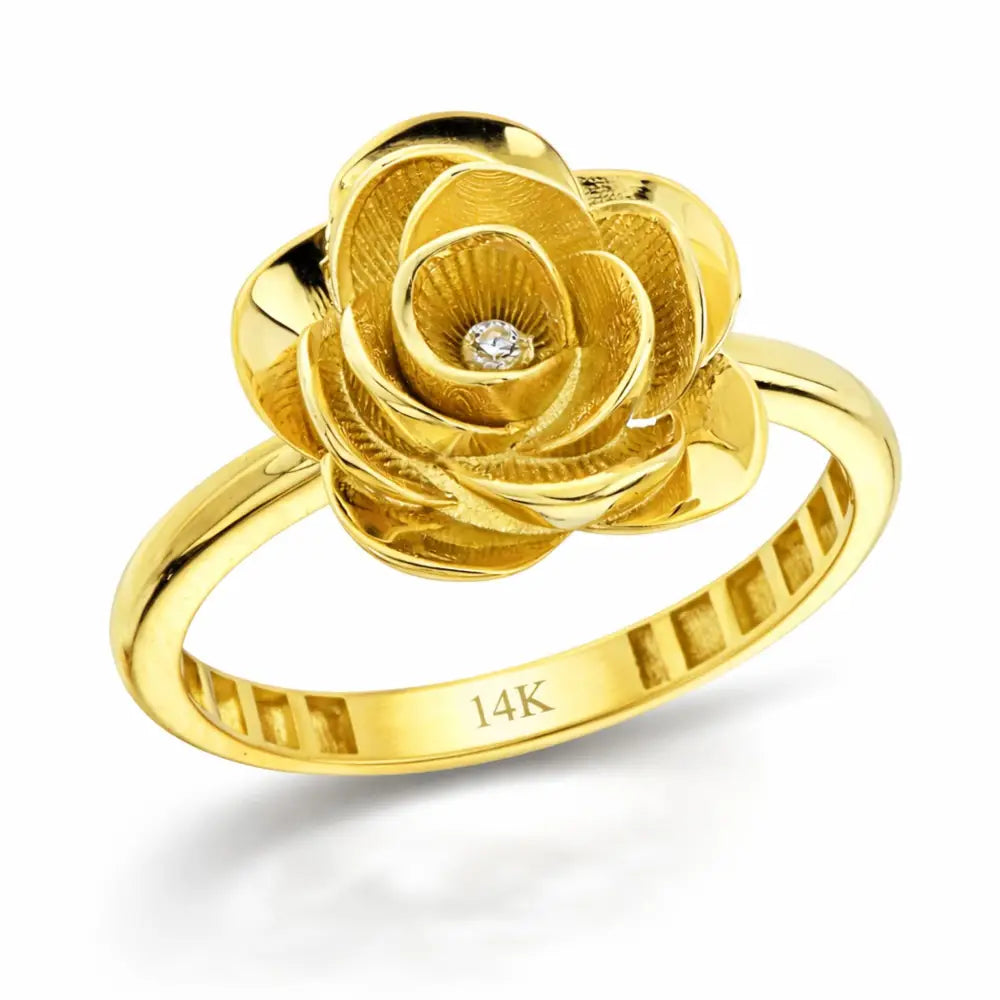 14K Solid Gold Rose Ring 1.8mm Yellow Floral Band for Lover 3D Floral Cubic Zicronia Accent Statement Jewelry for Her