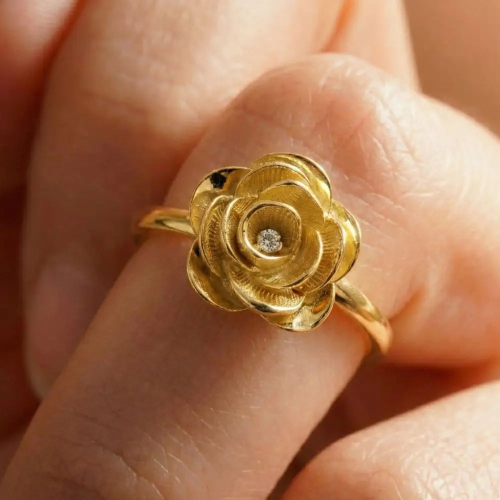 14K Solid Gold Rose Ring 1.8mm Yellow Floral Band for Lover 3D Floral Cubic Zicronia Accent Statement Jewelry for Her