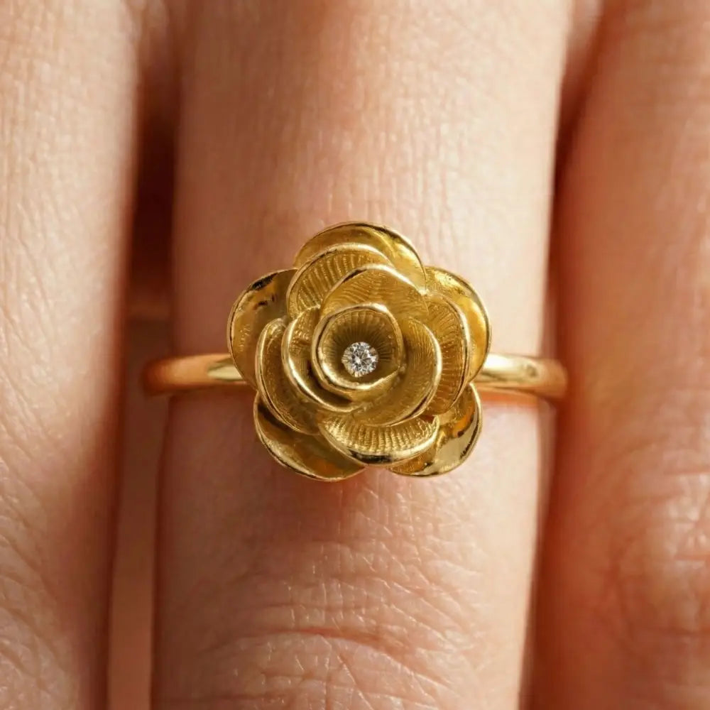 14K Solid Gold Rose Ring 1.8mm Yellow Floral Band for Lover 3D Floral Cubic Zicronia Accent Statement Jewelry for Her