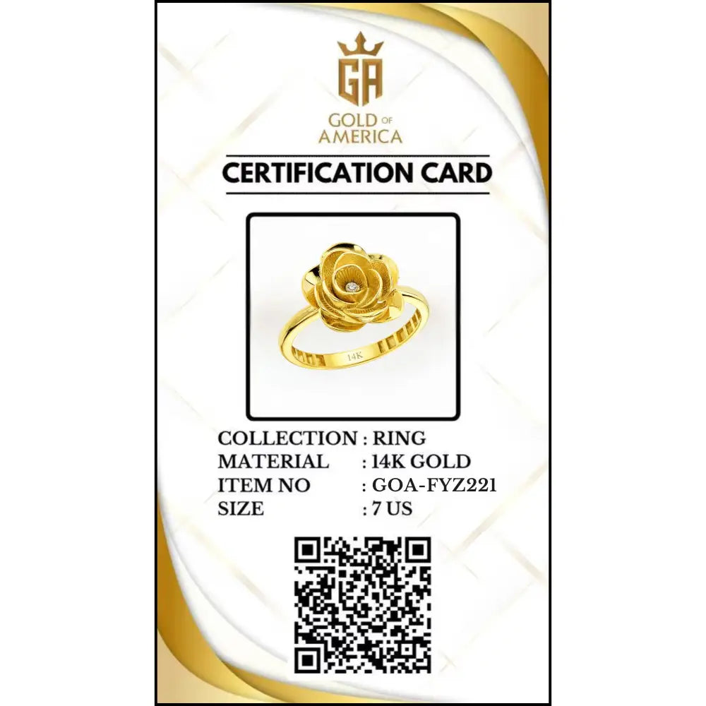 14K Solid Gold Rose Ring 1.8mm Yellow Floral Band for Lover 3D Floral Cubic Zicronia Accent Statement Jewelry for Her