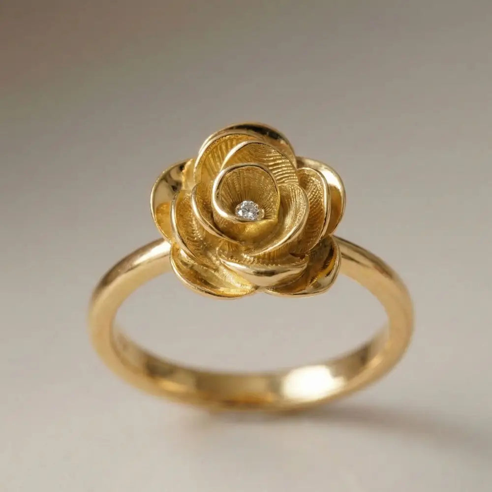 14K Solid Gold Rose Ring 1.8mm Yellow Floral Band for Lover 3D Floral Cubic Zicronia Accent Statement Jewelry for Her