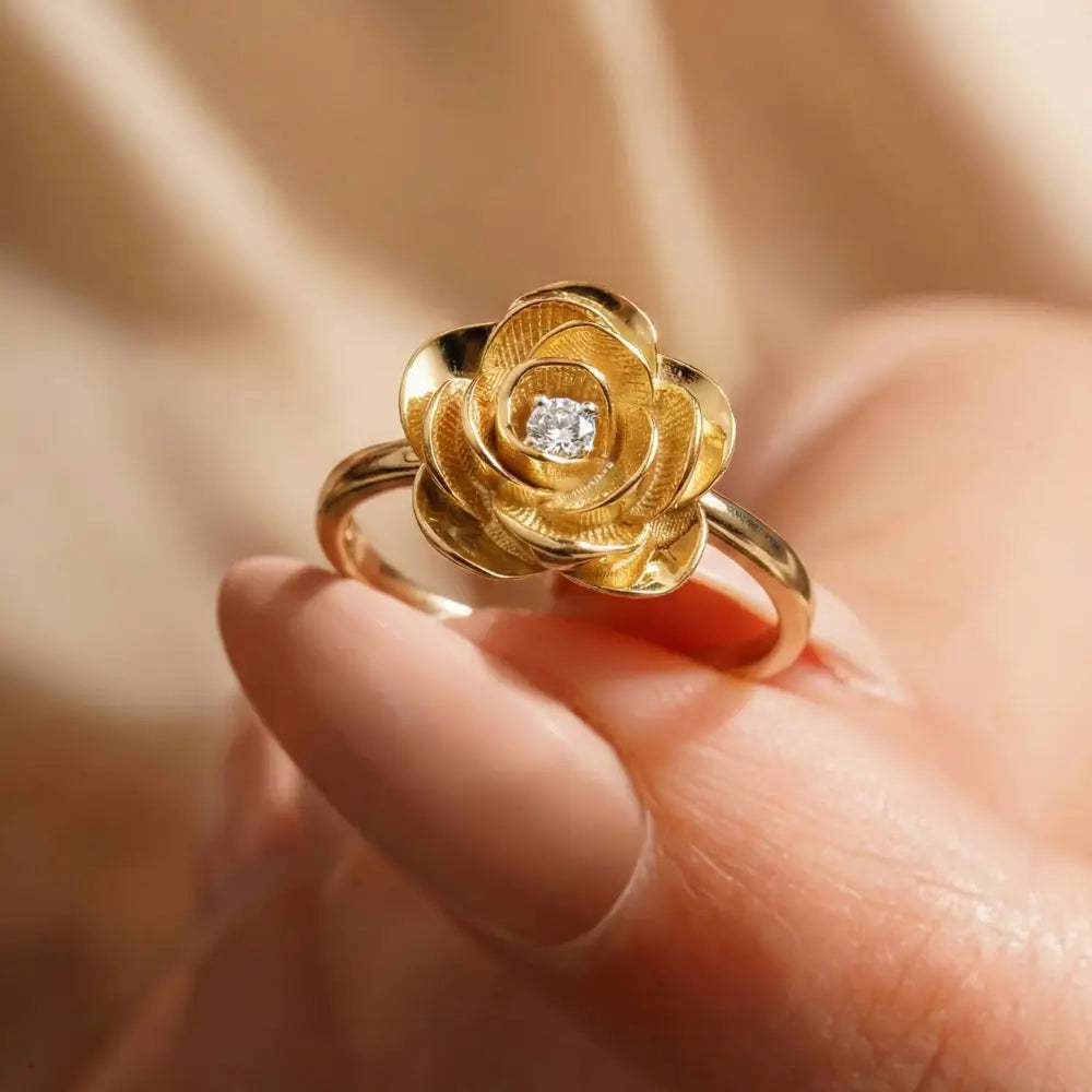 14K Solid Gold Rose Ring 1.8mm Yellow Floral Band for Lover 3D Floral Cubic Zicronia Accent Statement Jewelry for Her