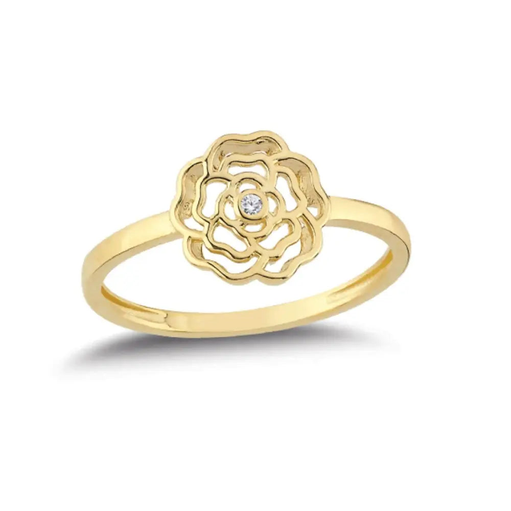 14K Solid Gold Rose Ring with Simulated Diamonds – Floral Nature Inspired Jewelry for Women
