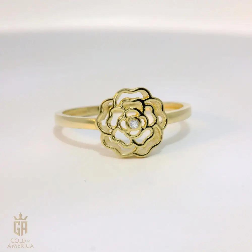 14K Solid Gold Rose Ring with Simulated Diamonds – Floral Nature Inspired Jewelry for Women