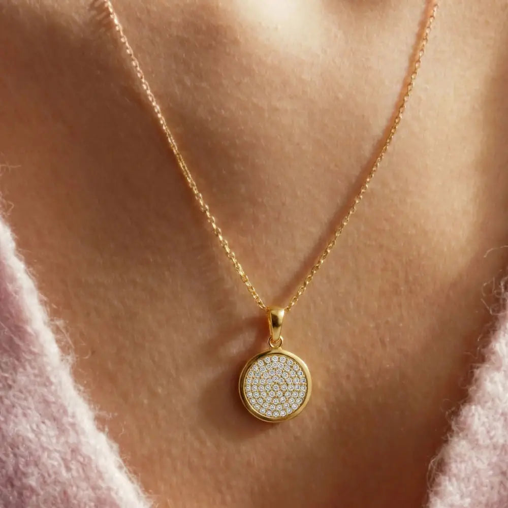 14K Solid Gold Round Pave CZ Necklace Sparkling Circle Pendant Minimalist Halo Jewelry Eternity Disc Wedding Gift