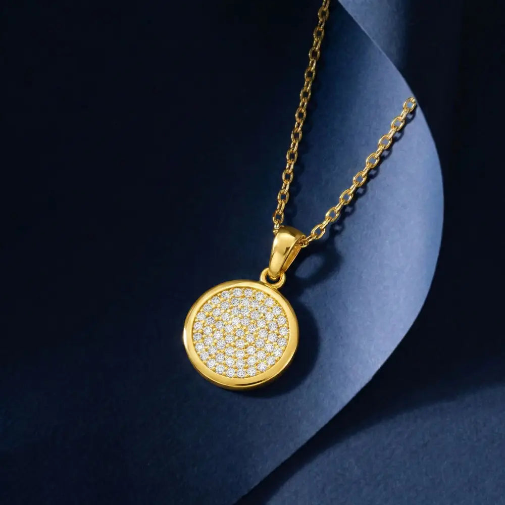 14K Solid Gold Round Pave CZ Necklace Sparkling Circle Pendant Minimalist Halo Jewelry Eternity Disc Wedding Gift