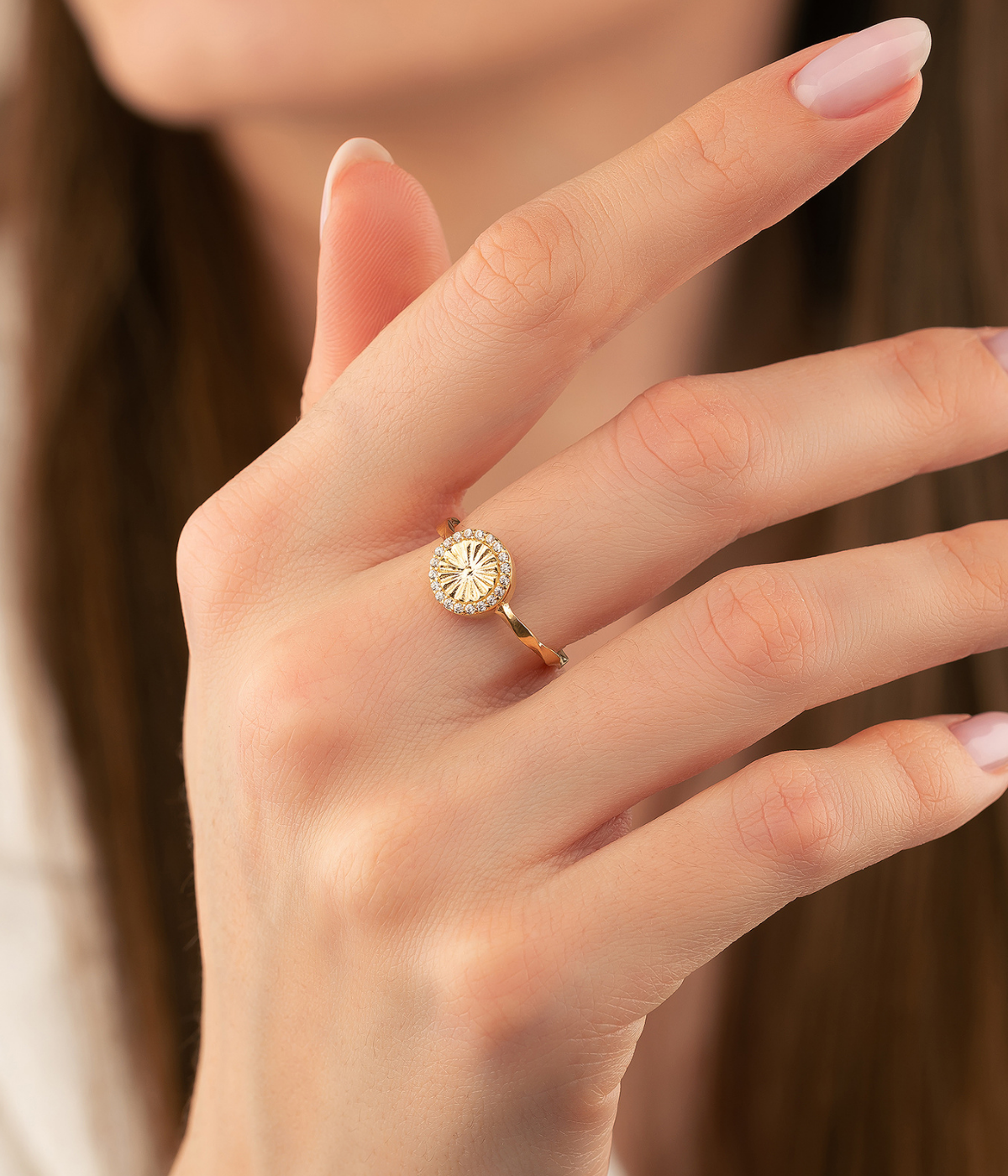 14K Solid Gold Round Shape Sunshine CZ Ring - Rings