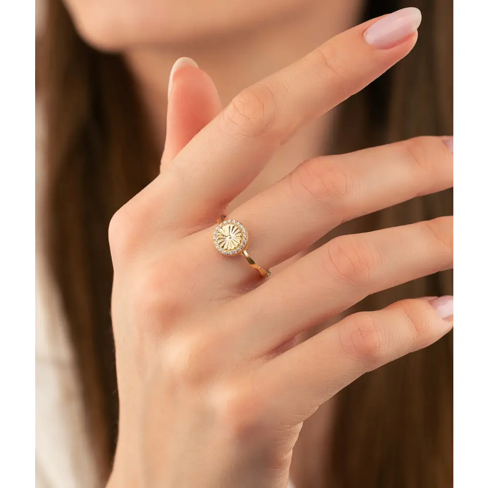 14K Solid Gold Round Shape Sunshine CZ Ring - Rings