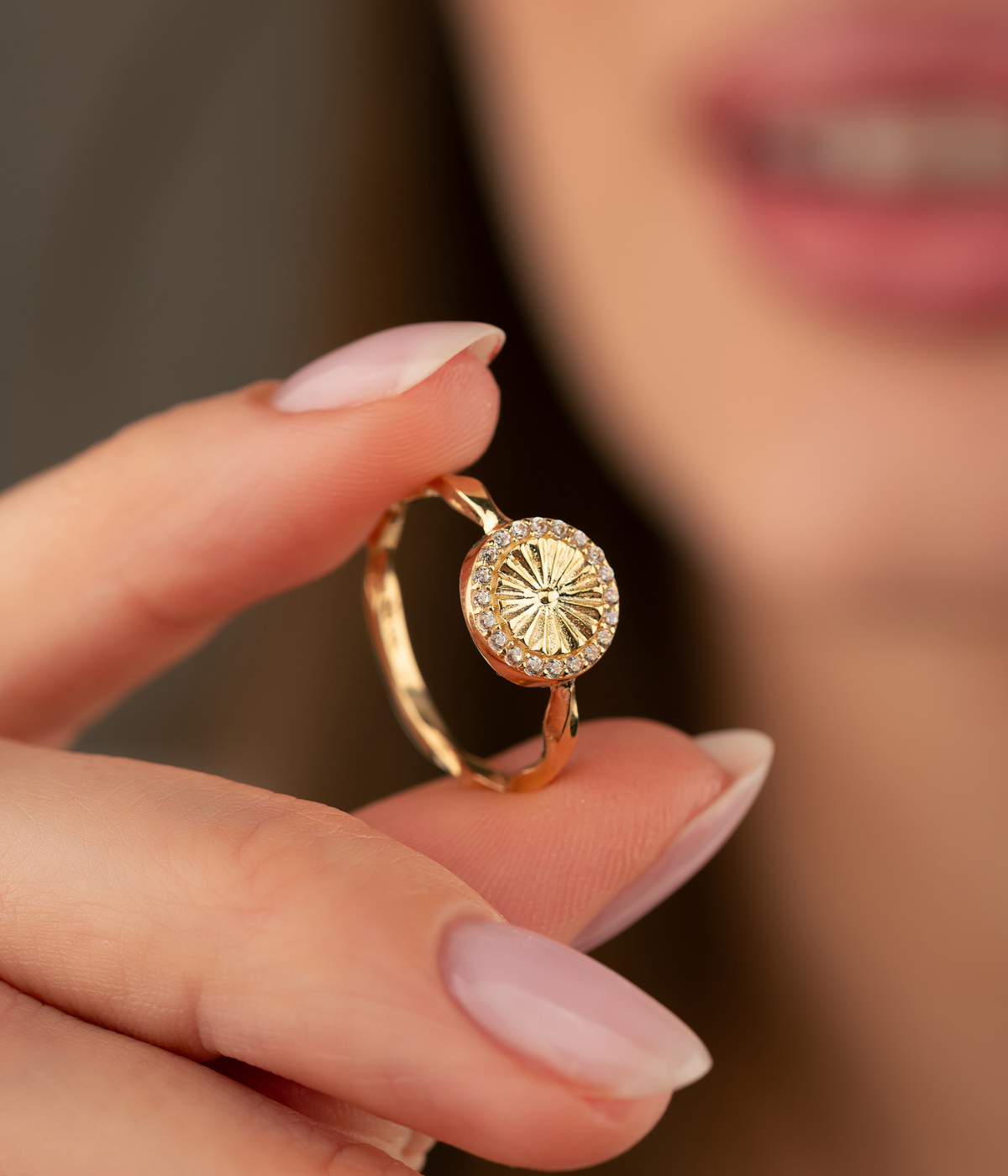 14K Solid Gold Round Shape Sunshine CZ Ring - Rings