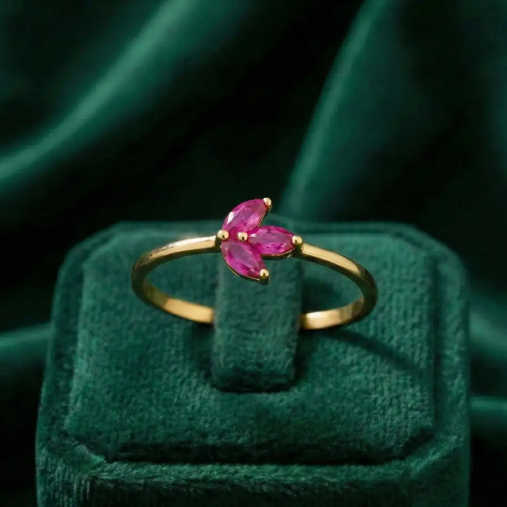 14K Solid Gold Ruby Marquise Ring Minimal Floral Gold Ring Stackable Gold Ring for Women
