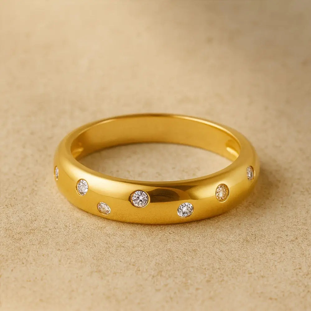 14K Solid Gold Simulated Diamond Ring Flush Set Wedding Band