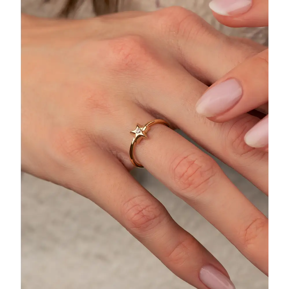 14K Solid Gold Small Star Solitaire CZ Ring - Rings
