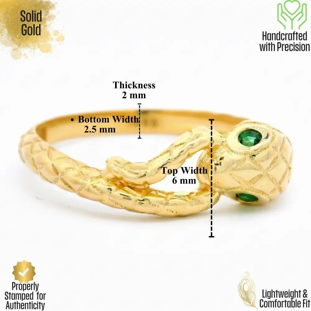 14K Solid Gold Snake Ring Emerald Eyes Ouroboros Ring for Women & Men