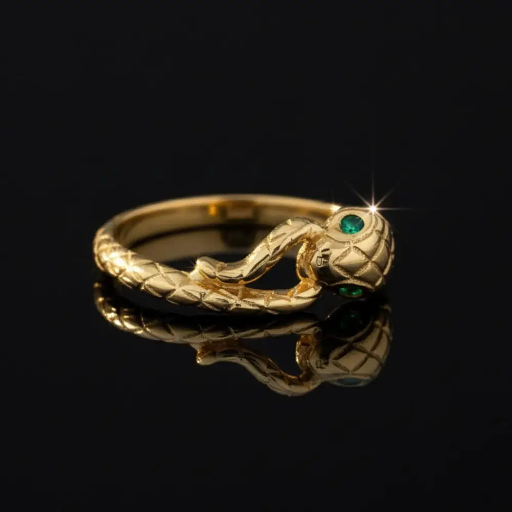 14K Solid Gold Snake Ring Emerald Eyes Ouroboros Ring for Women & Men