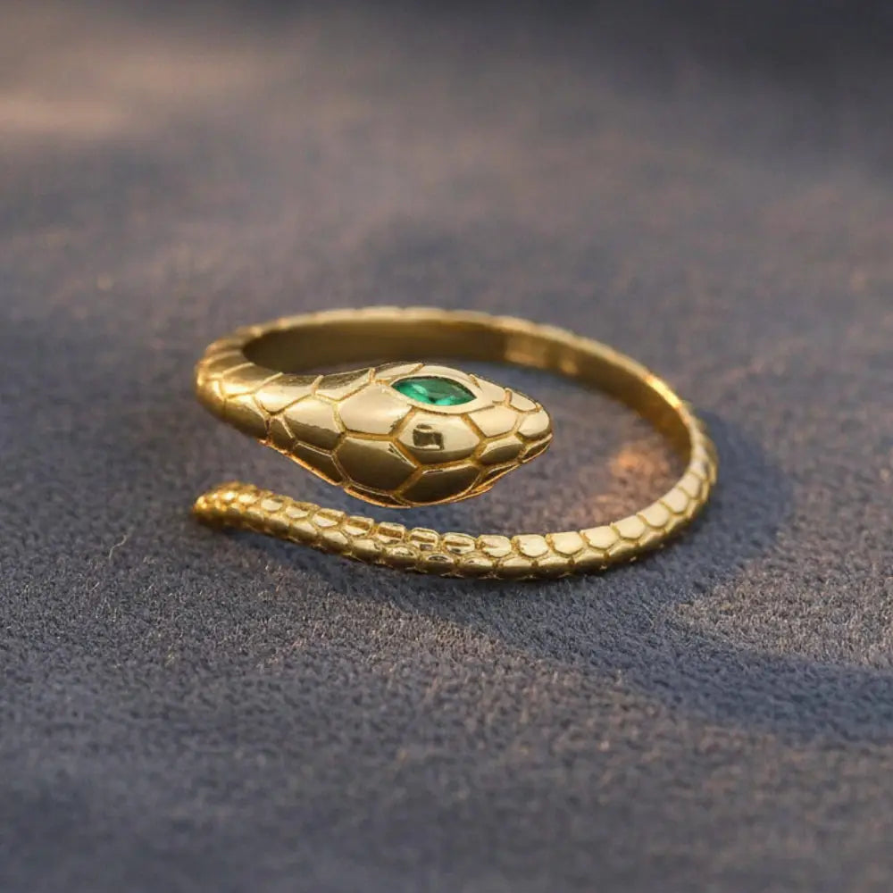 14K Solid Gold Snake Ring – Ouroboros Design with Emerald Eyes