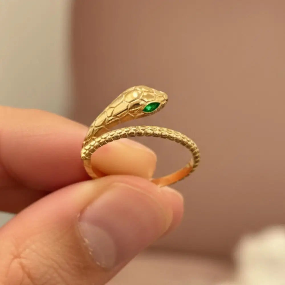 14K Solid Gold Snake Ring – Ouroboros Design with Emerald Eyes