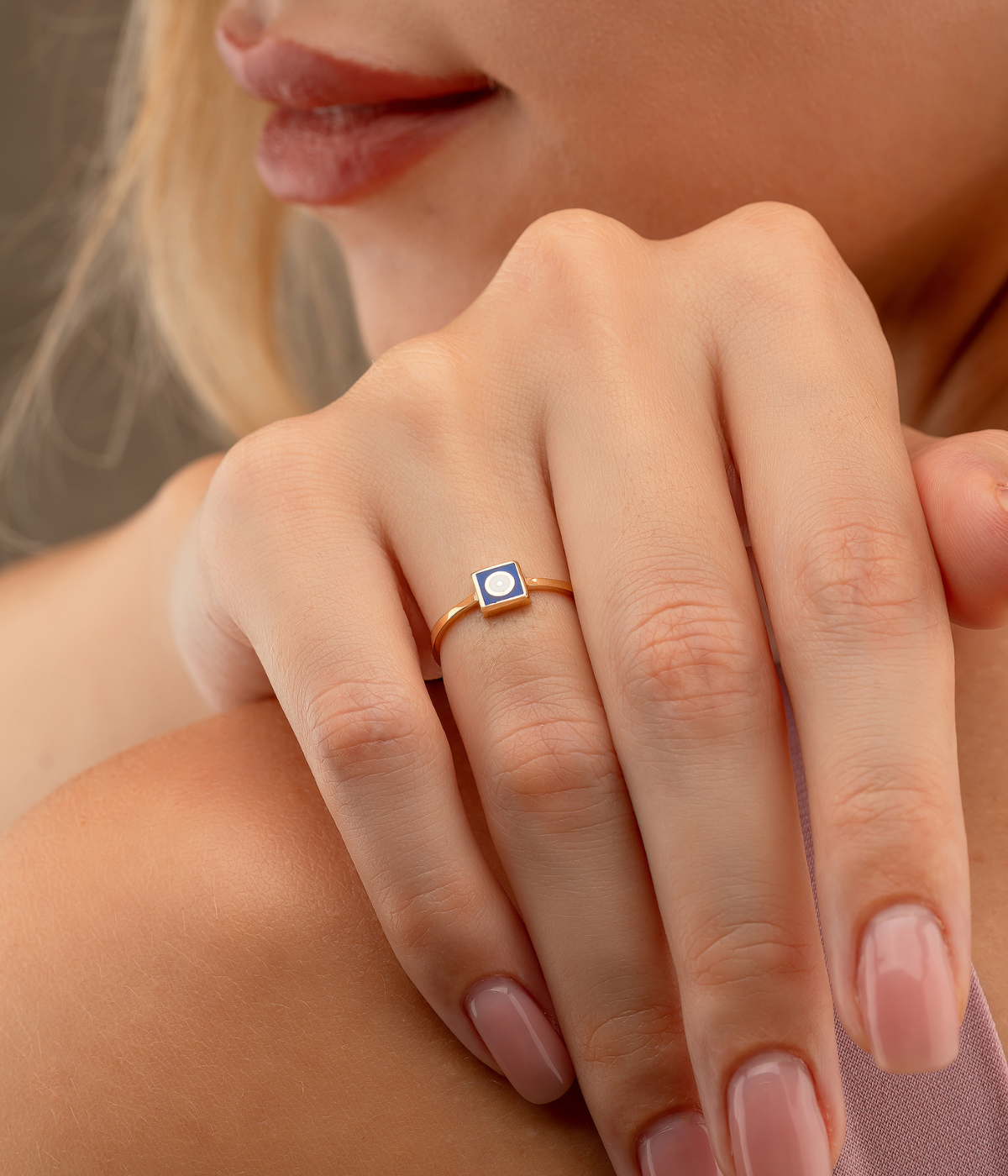 14K Solid Gold Square Dainty Evil Eye Ring Blue - Rings